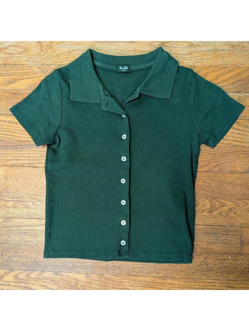 John Galt Brandy Melville Green Short Sleeve Polo Button Front Ribbed Knit Small